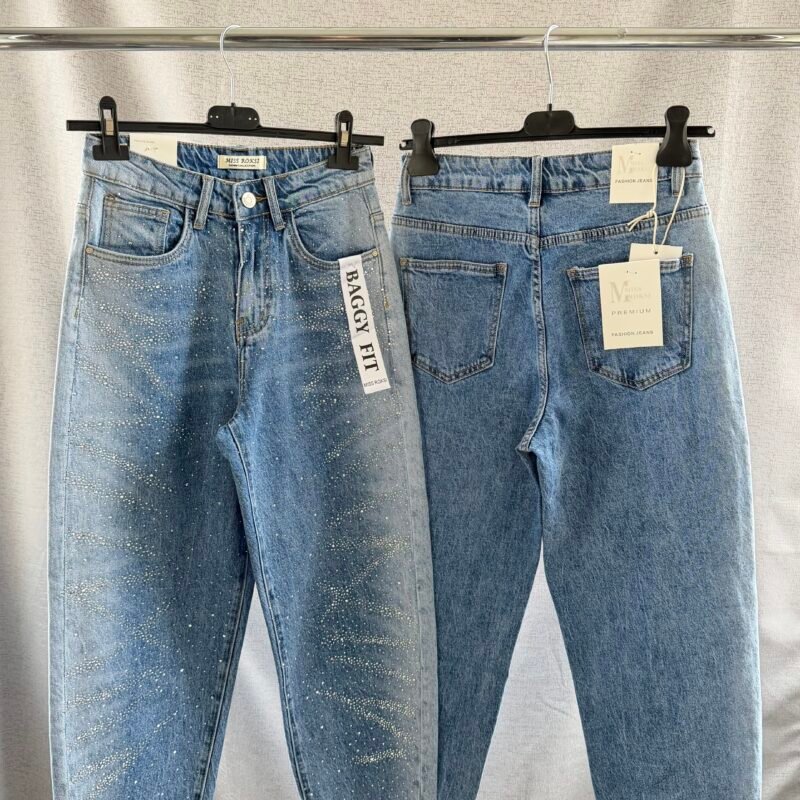 Дамски сини дънки с камъчета - Baggy fit
