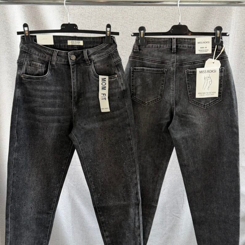 Дамски сиви дънки с камъчета - Mom fit